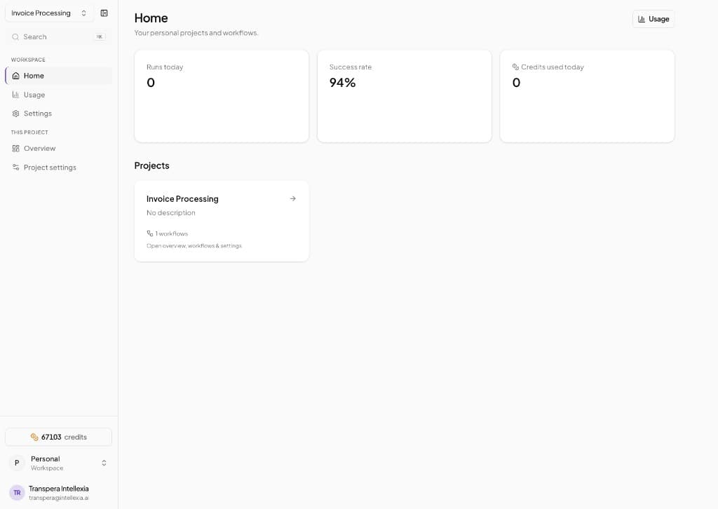 لوحة تحكم Transpera Workflows الرئيسية